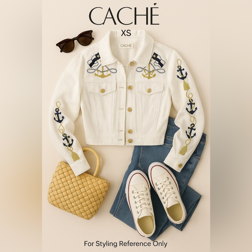 Cache White Nautical Embroidered Cropped Jacket | Sheer Sleeves | Size XS